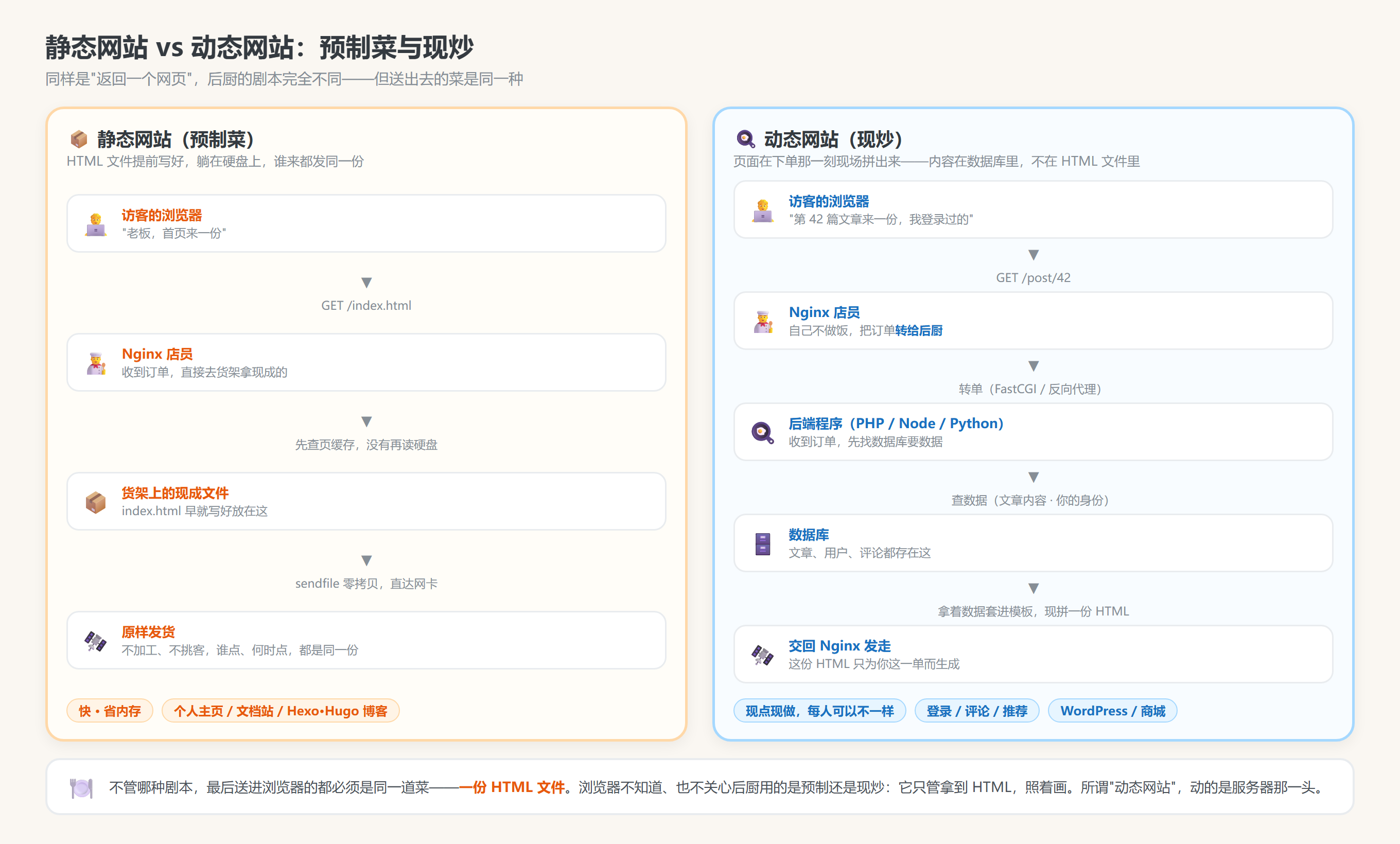 图 6：静态网站 vs 动态网站——预制菜与现炒